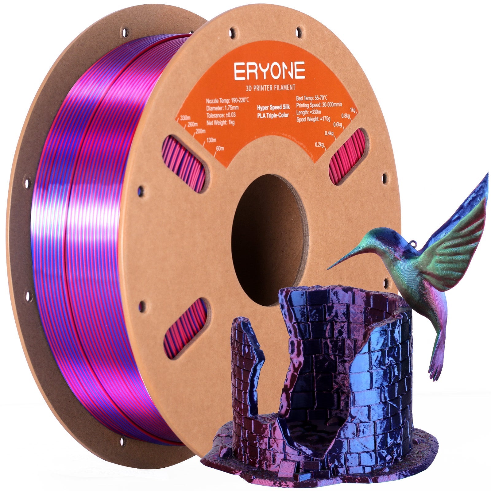 ERYONE High speed Triple-Color Silk PLA Filament for 3D Printers,1kg (2.2LBS)/Spool 1.75mm,Accuracy +/- 0.03 mm