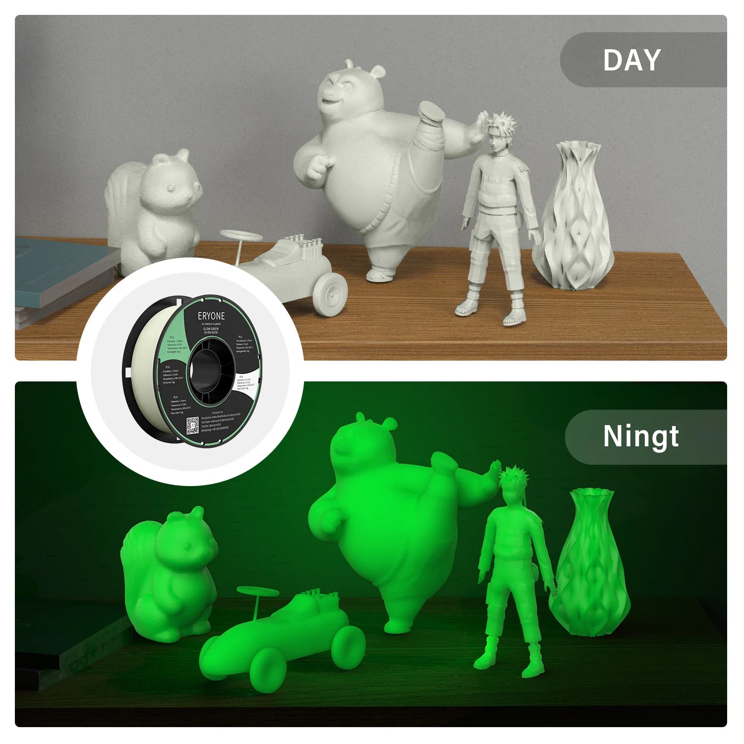 ERYone Glow Green in The Dark PLA 3D Printer Filament 1.75mm, Dimensional Accuracy +/- 0.05 mm, 1kg (2.2LBS) / Spool