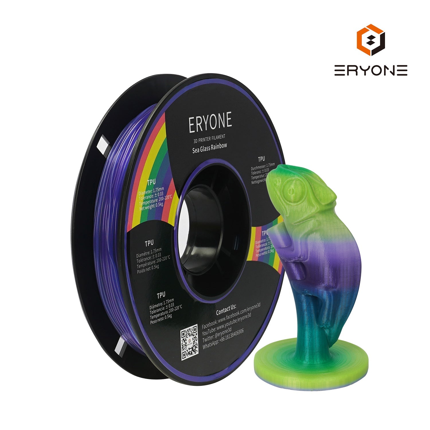 ERYONE 1.75mm Rainbow TPU 3D Printer Filament, Dimensional Accuracy +/- 0.05 mm, 0.5kg (1.1 LB) / Spool